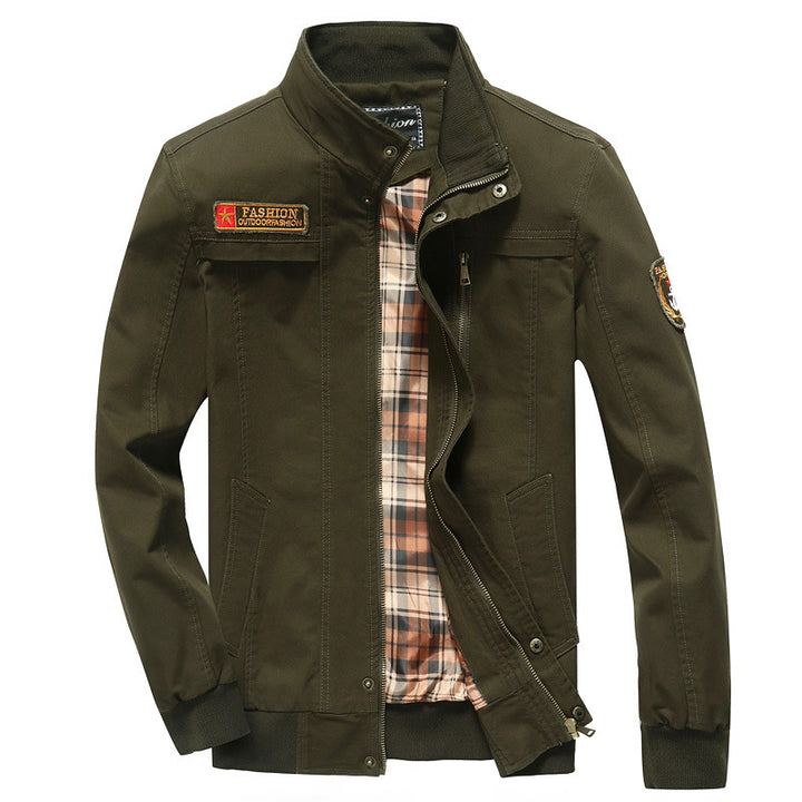 Men's canvas bomber jacket with checked lining, stand collar and badge appliqués Mune Fashion