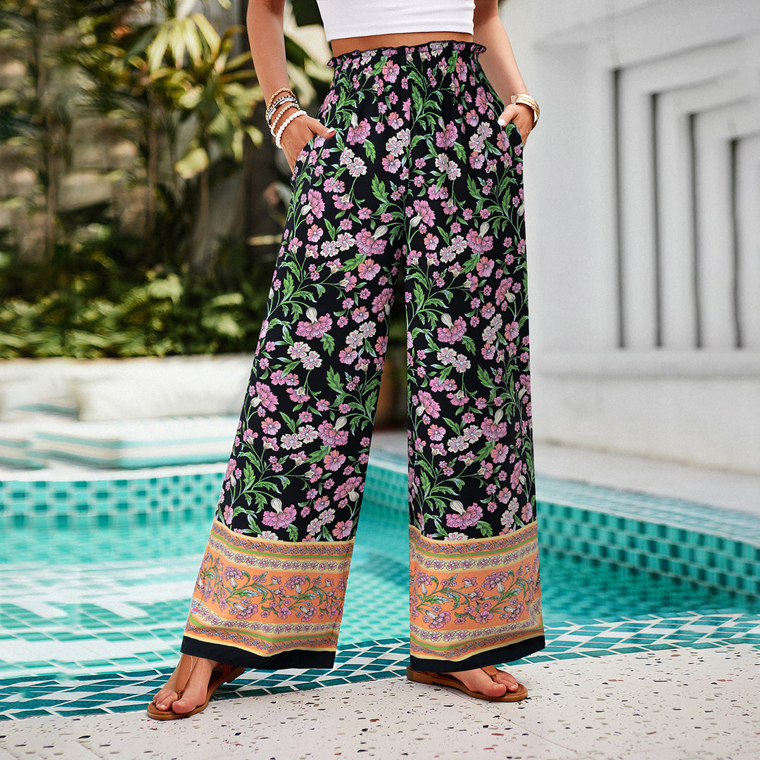 Women's wide Palazzo pants with gathered waistband, side pockets, and floral Boho print Mune Fashion