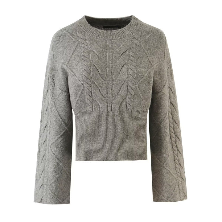 Women's Short-Cut Braided Knit Sweater with Wide Sleeve and Ribbed Hem Drune