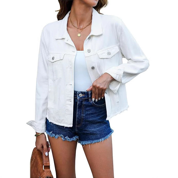 Women Short Cut Denim Jacket with Frayed Hem and Chest Pockets Mune Fashion