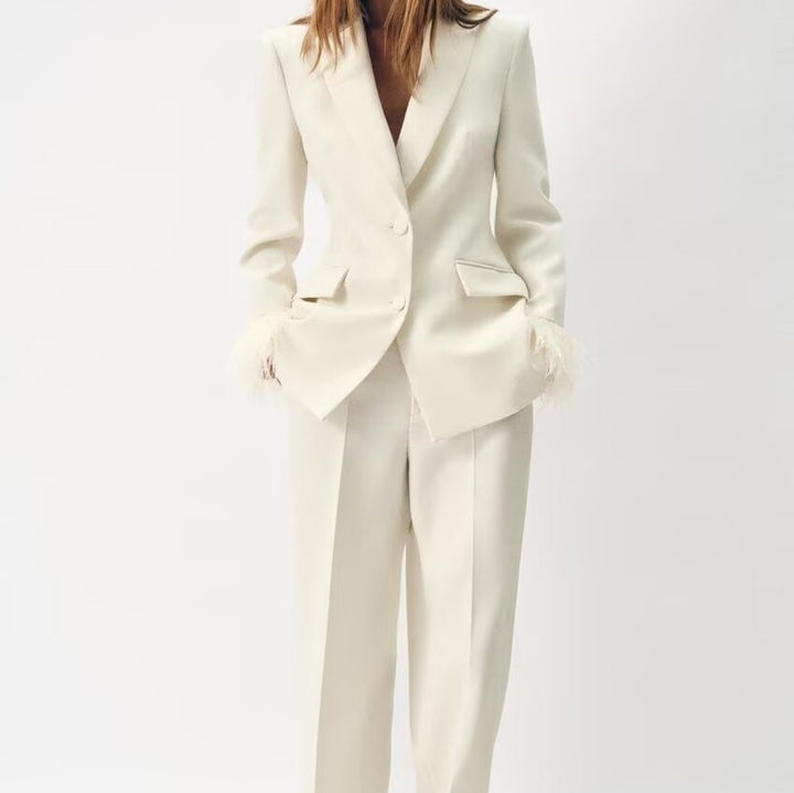 Women Two-Piece Pants Suit with Feather Trim on Sleeve Edges Mune Fashion
