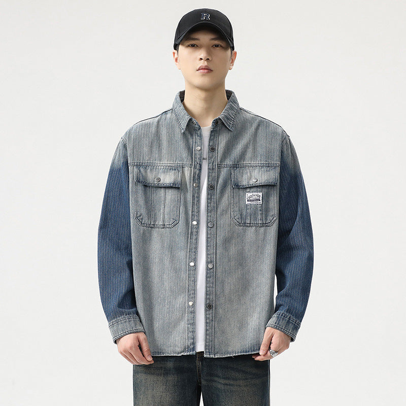 Men's overshirt made of denim with contrast sleeves and light used wash Mune Fashion