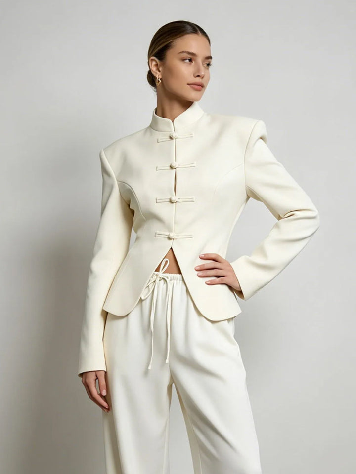 Women's Sculpted Blazer with Stand Collar, Decorative Knot Closures and Tailored Silhouette Mune Fashion