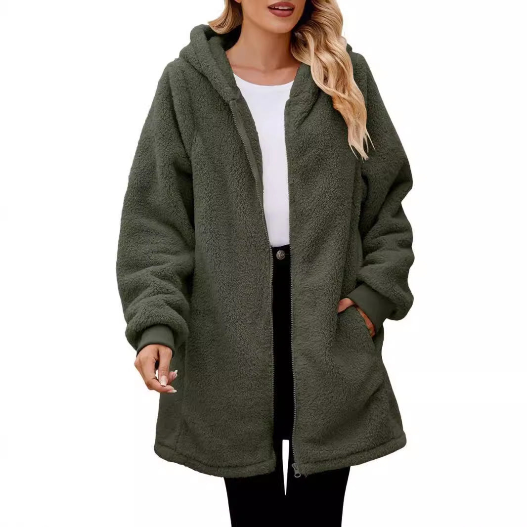 Women's knee-length soft teddy parka with hood, elastic cuffs, and two-way zipper Mune Fashion