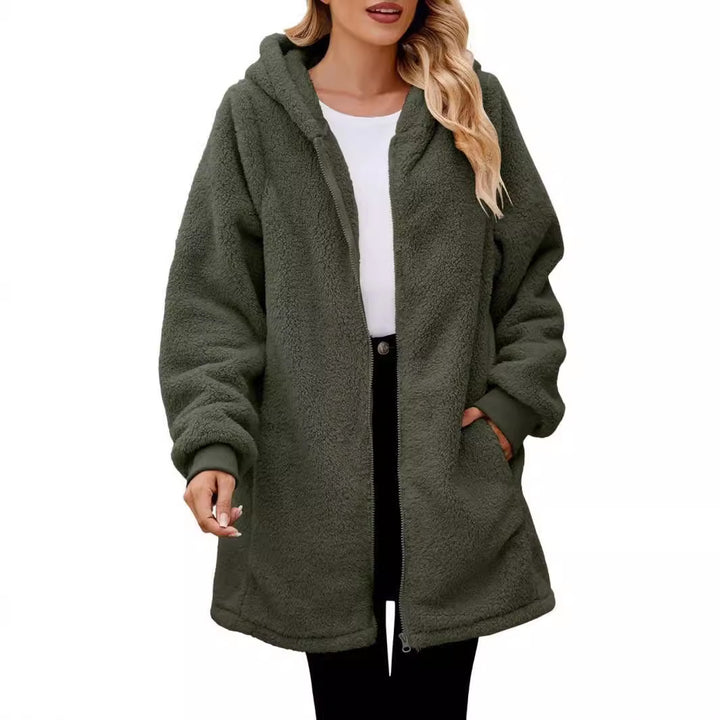 Women's knee-length soft teddy parka with hood, elastic cuffs, and two-way zipper Mune Fashion