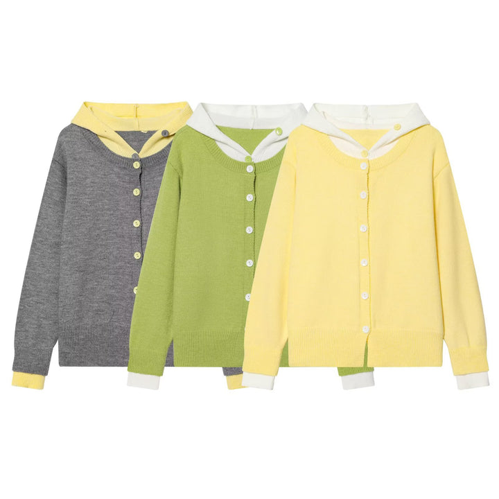 Women's fine knit cardigan with hood, contrast lining, and button placket Mune Fashion