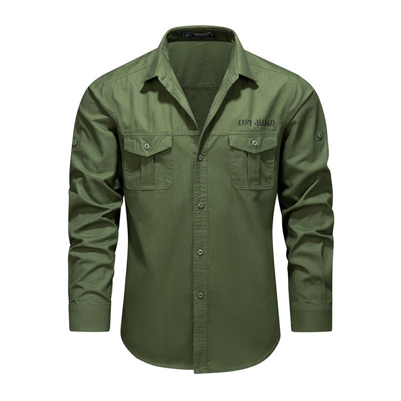 Men's Long Sleeve Utility Shirt made of Cotton Blend with Double Chest Pockets and Roll-Up Sleeves Mune Fashion