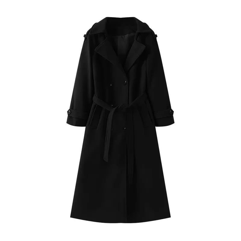 Women's longer wool blend trench coat with shawl collar, waist belt, and double-breasted button placket Mune Fashion