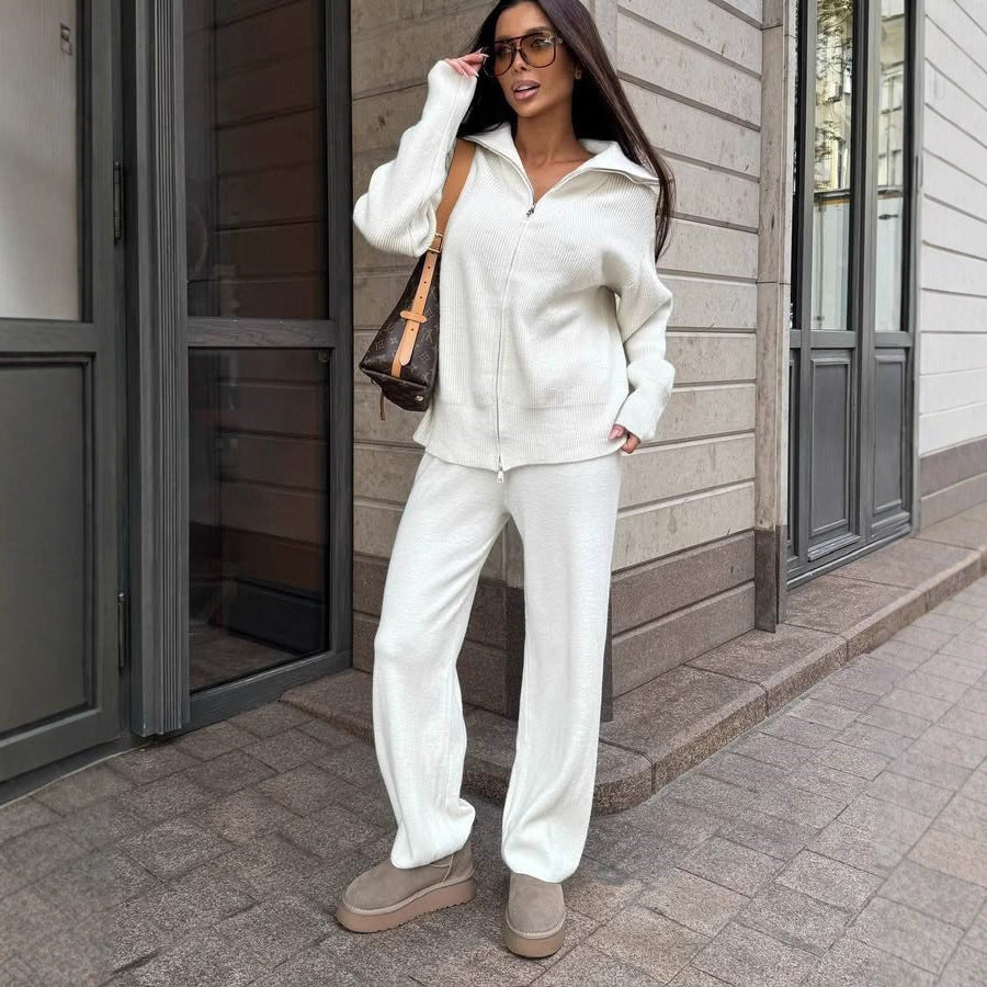 Ladies fine knit loungewear set with two-way zipper and wide lapel Mune Fashion