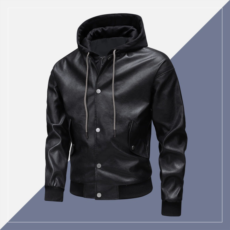 Men's leather bomber jacket with integrated hood insert and ribbed cuffs Mune Fashion