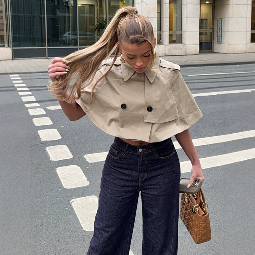 Women's Cropped Cape Trench with double-breasted buttons and shoulder flaps Mune Fashion
