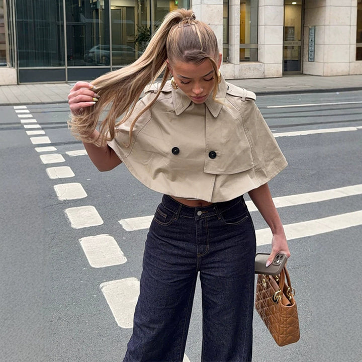 Women's Cropped Cape Trench with double-breasted buttons and shoulder flaps Mune Fashion