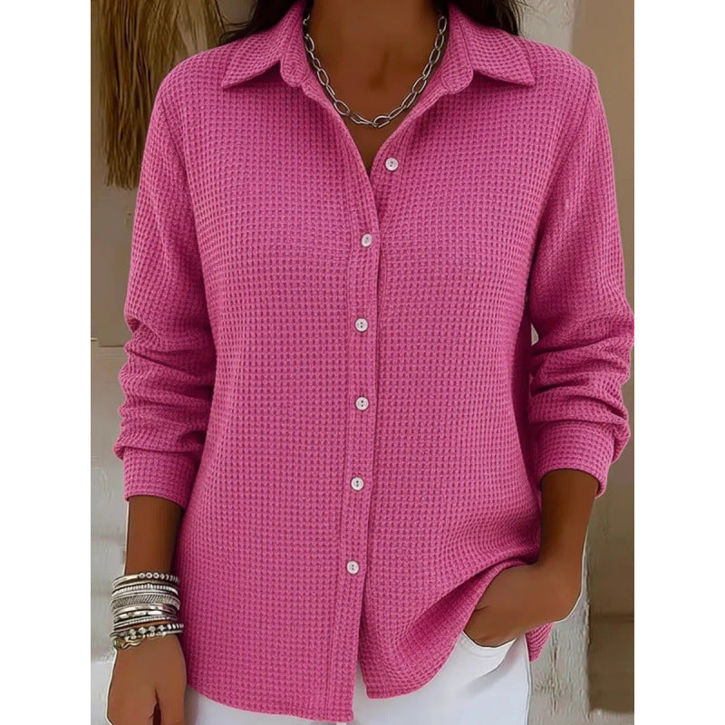 Women's Structured Shirt Blouse in Waffle Knit with Classic Collar and Continuous Button Placket Mune Fashion