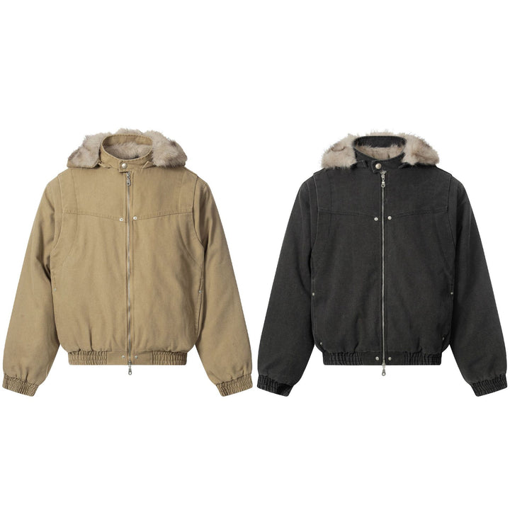 Men's canvas bomber jacket with removable faux fur hood and elastic hem Mune Fashion