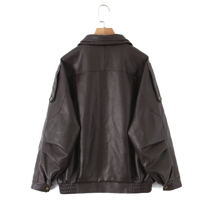 Women's Oversized Faux Leather Bomber Jacket with Asymmetrical Zipper and Waistband Mune Fashion