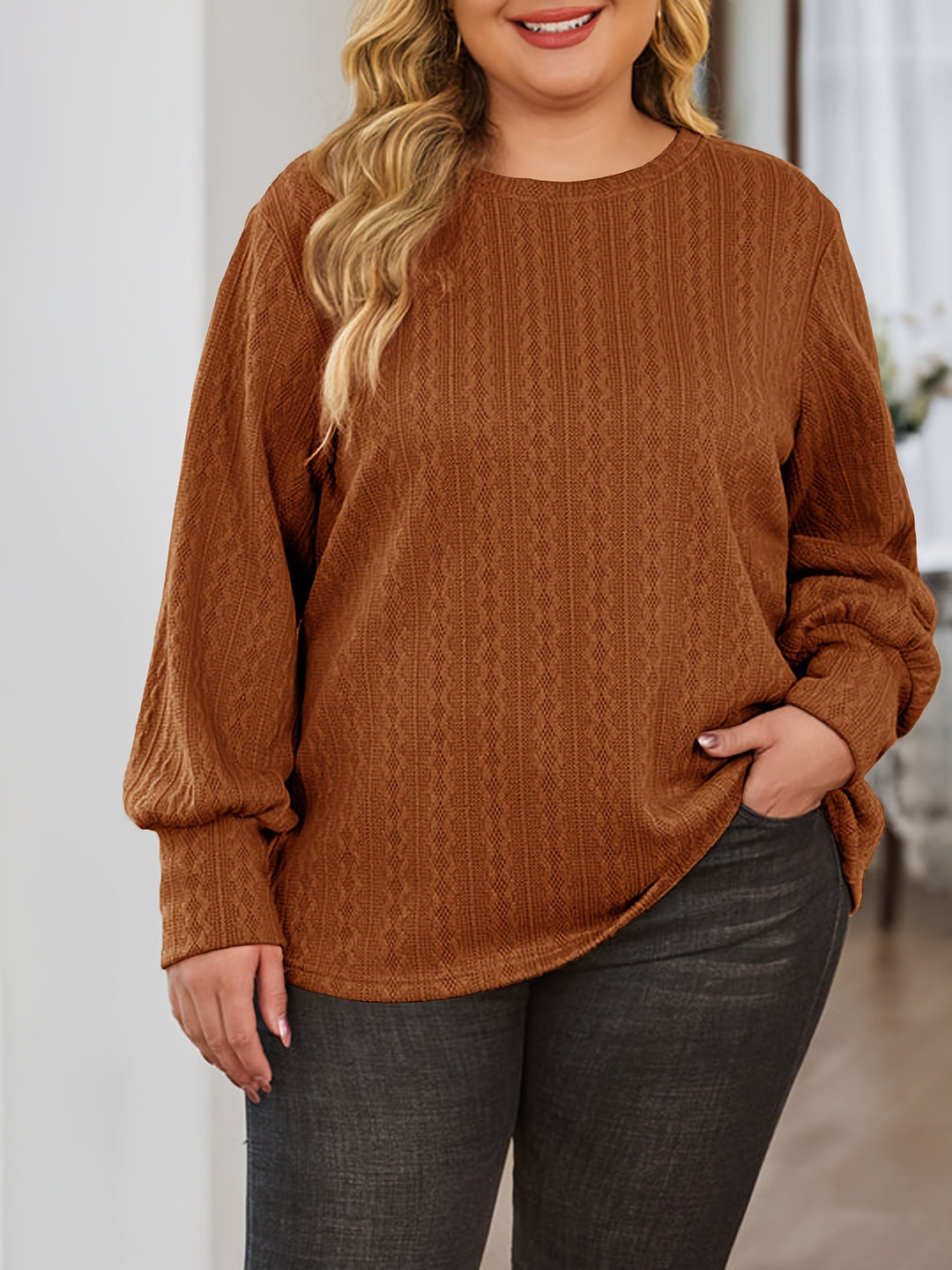Women Textured Oversized Knit Sweater with Round Neck and Balloon Sleeves Mune Fashion
