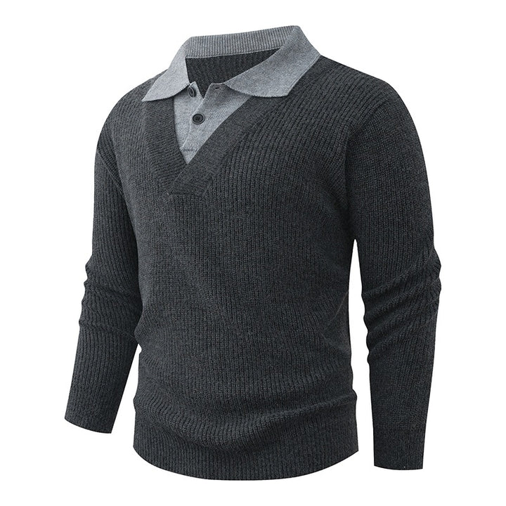 Men's fine knit sweater with integrated polo collar and deep V-neck Mune Fashion