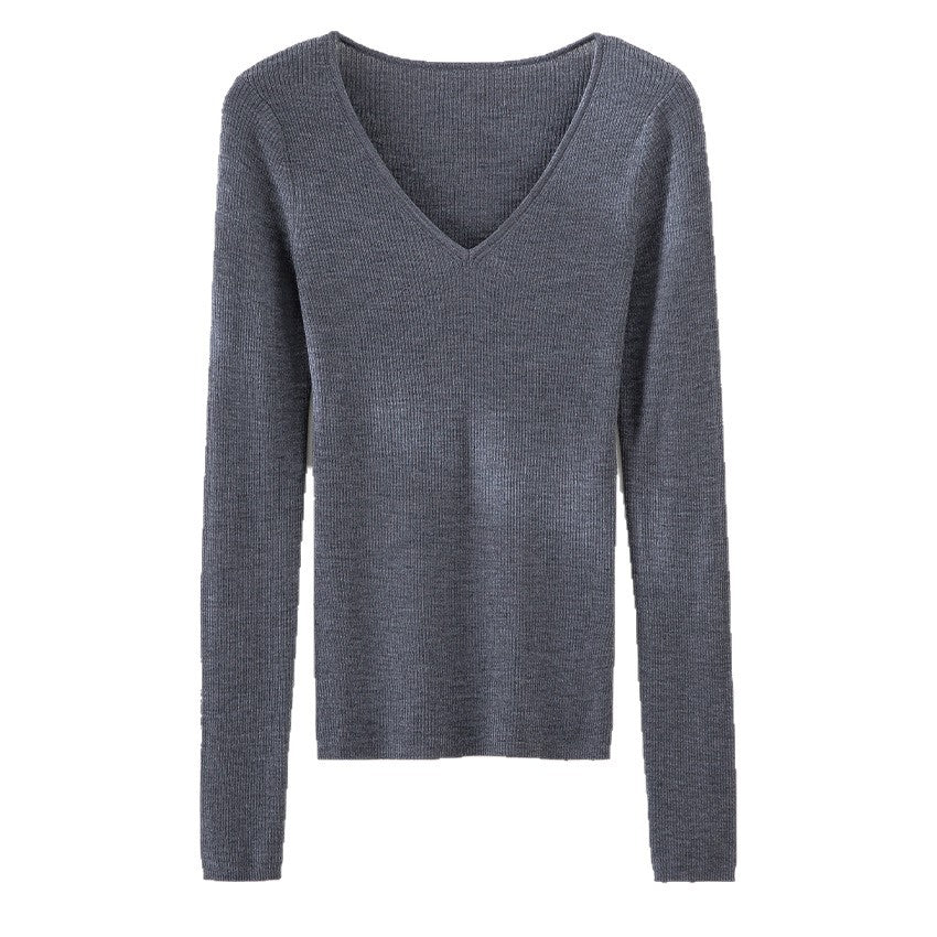 Women's Fine Rib Knit Sweater with Deep V-Neck and Tailored Fit Mune Fashion