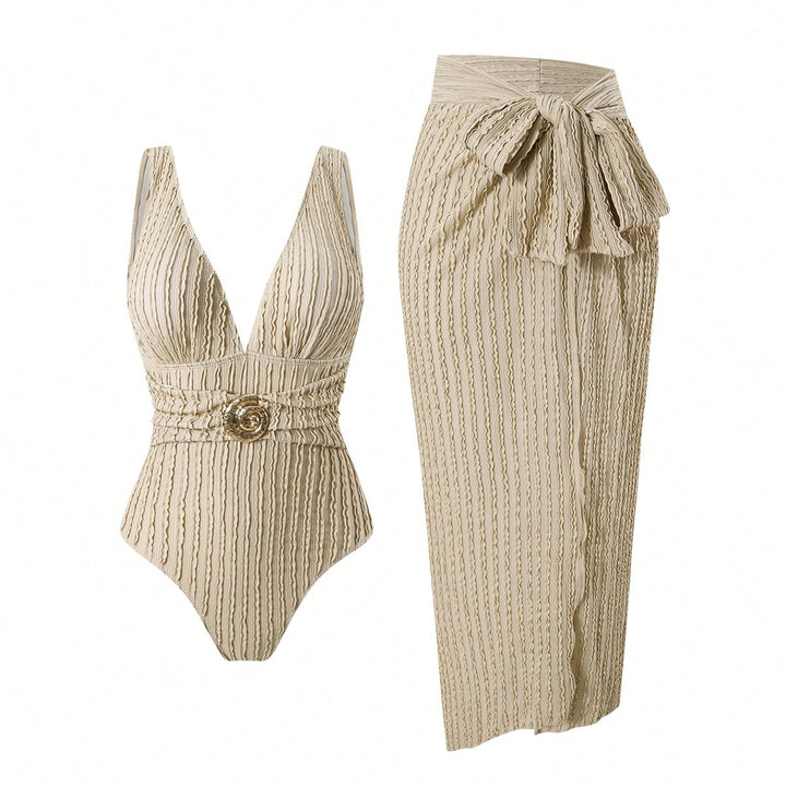 Women's swimsuit with feminine wrap skirt and elegant jewelry detail Mune Fashion