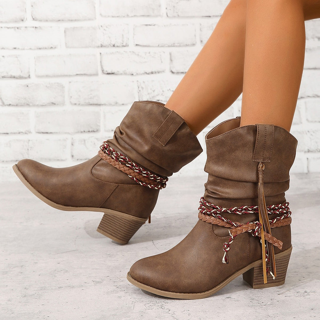 Women's knee-high fringe cowboy boots with fine beaded fringe decoration and sculpted block heel Mune Fashion