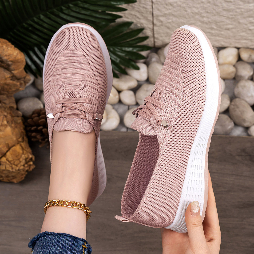 Women's lightweight knitted slip-on casual shoe with elastic entry, decorative lacing, and cushioning lightweight profile sole Mune Fashion