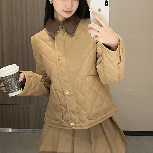Ladies fashionable quilted jacket with elegant leather collar Mune Fashion