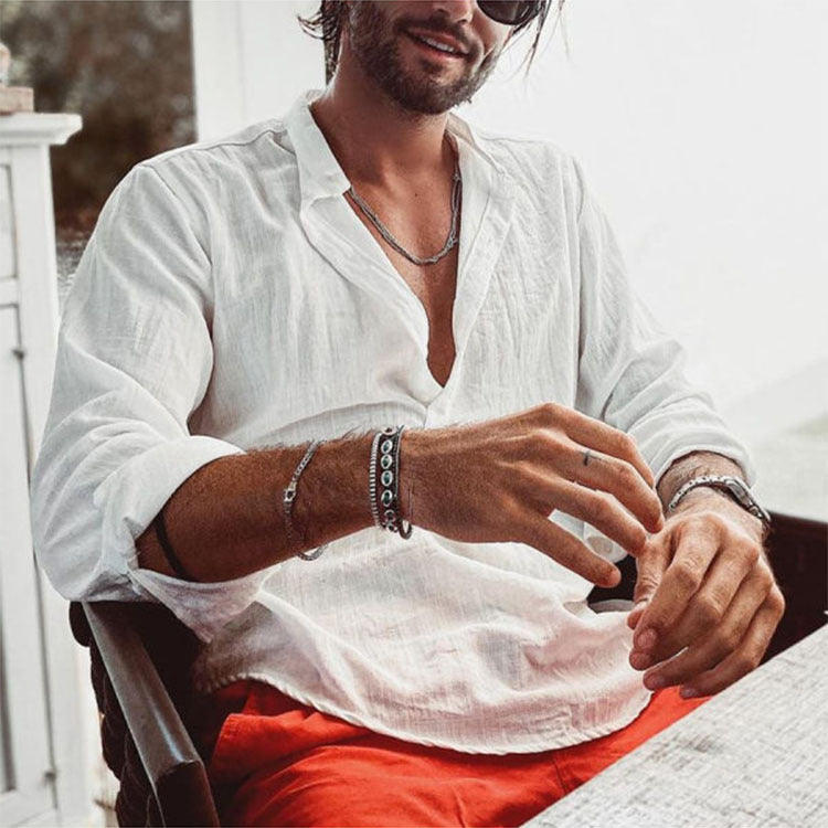 Men's casual shirt with stand-up collar, short button placket, and rounded hem Mune Fashion