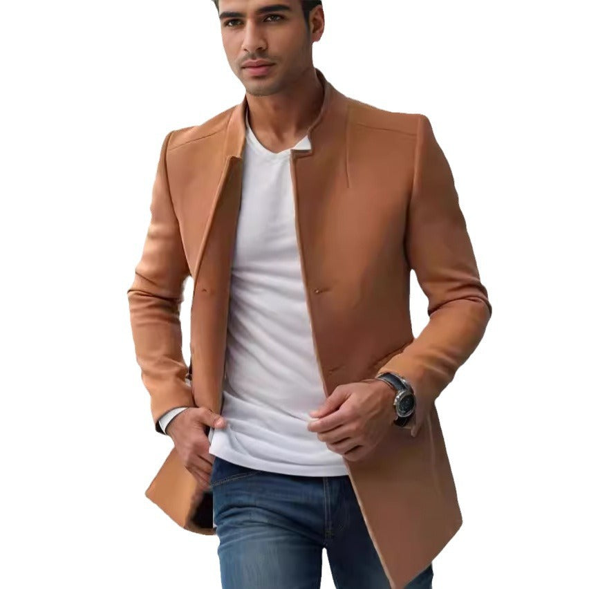 Men's Stand-Up Collar Longline Coat in Slim Fit with Hidden Button Placket Mune Fashion