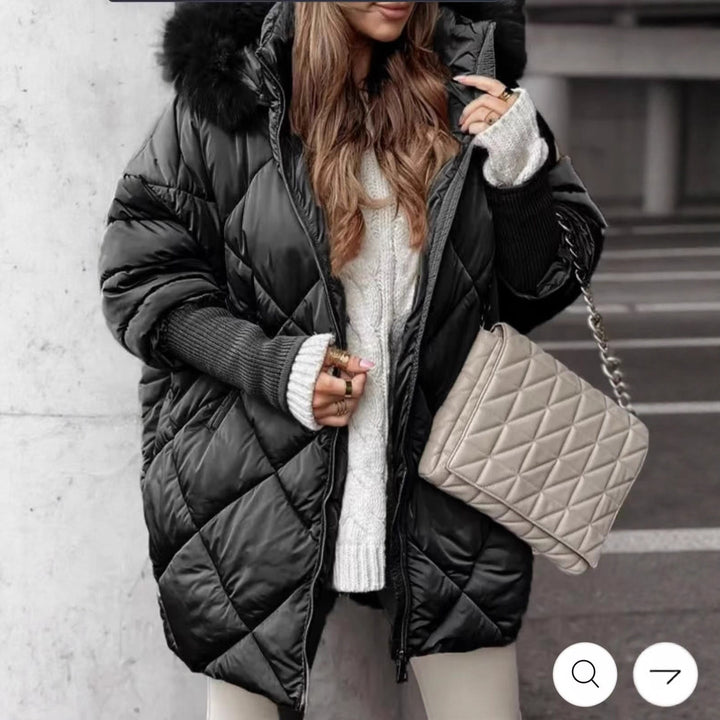 Women longer quilted winter parka with large hood and faux fur trim Mune Fashion