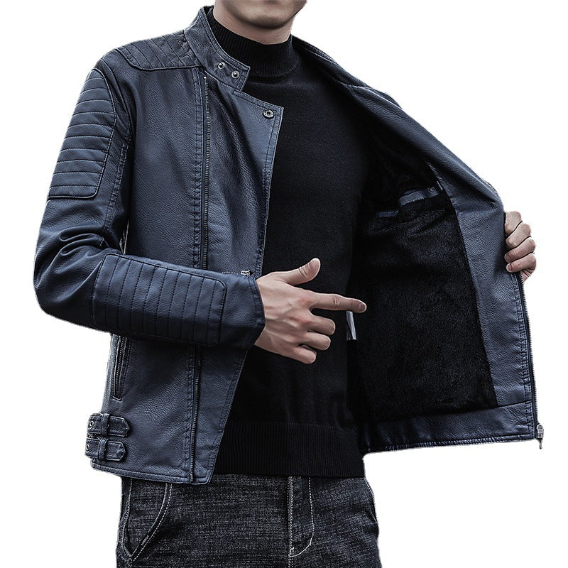 Men's biker jacket made of synthetic leather with quilted sleeve yoke and stand-up collar Mune Fashion