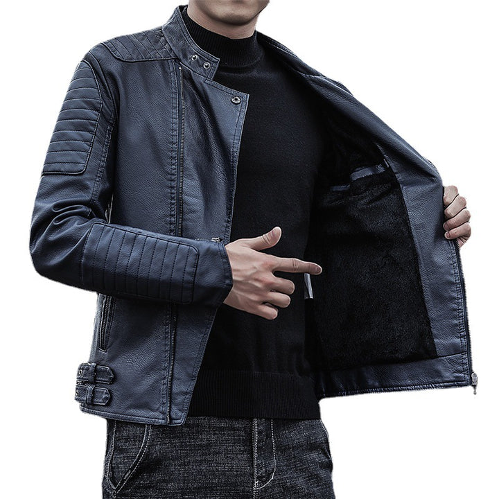 Men's biker jacket made of synthetic leather with quilted sleeve yoke and stand-up collar Mune Fashion