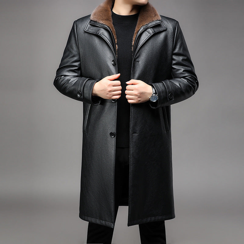 Men's Long Leather Coat with Removable Fur Collar and Thermal Lining Mune Fashion