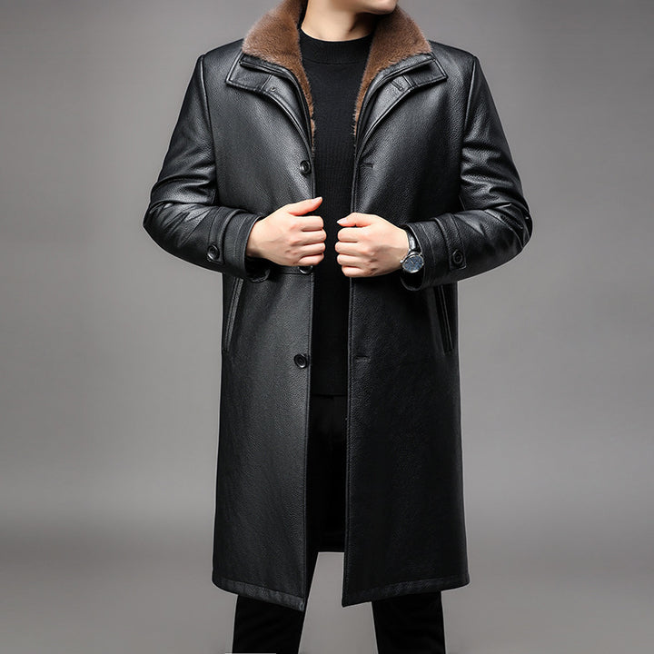 Men's Long Leather Coat with Removable Fur Collar and Thermal Lining Mune Fashion