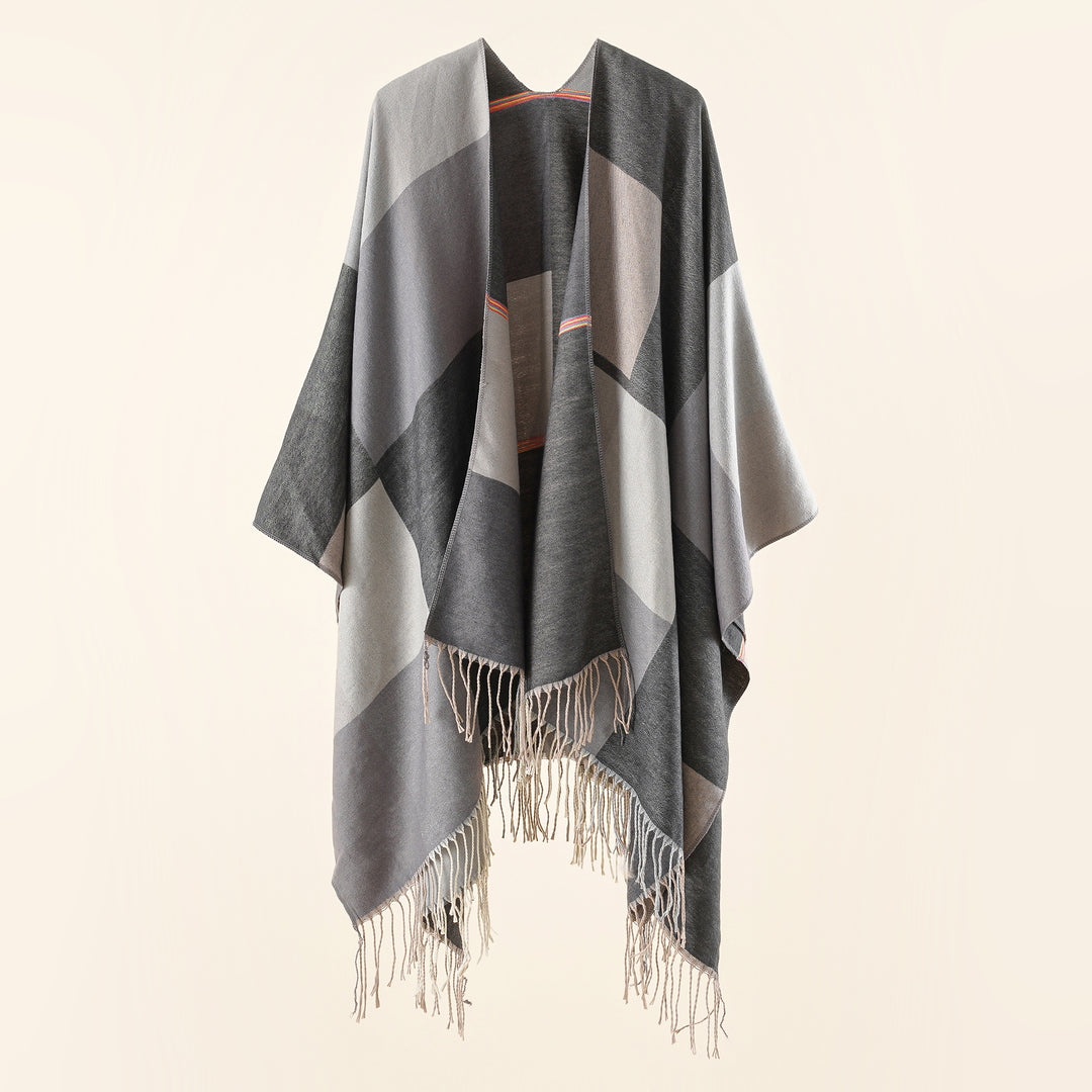 Ladies Lightweight Woven Ruana with Geometric Block Pattern and Fringe Hem Mune Fashion
