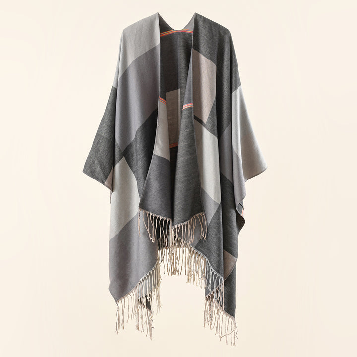Ladies Lightweight Woven Ruana with Geometric Block Pattern and Fringe Hem Mune Fashion