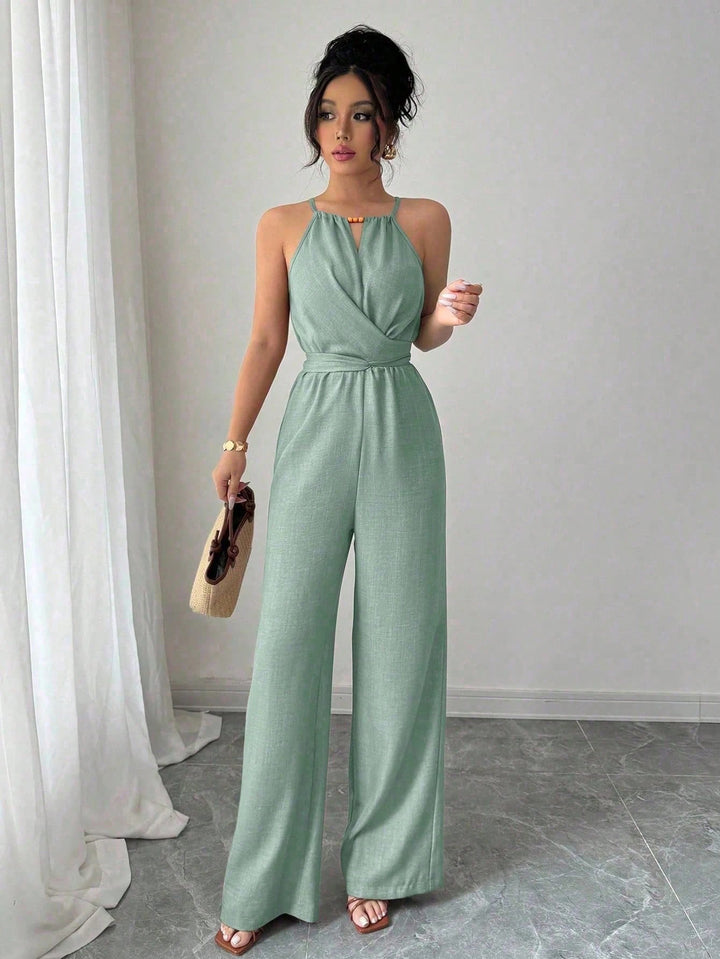 Women's Sleeveless Halter Jumpsuit with Wrap Top and Wide Leg Mune Fashion