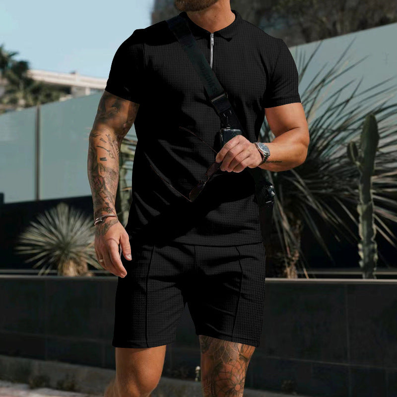 Men's casual polo shirt and chino shorts set with half zipper, textured jersey and subtle crease Mune Fashion