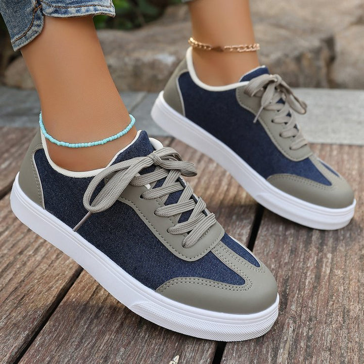 Damen Plateau‑Sneaker im Denim‑Look mit gepolstertem Komfortfußbett und Elastik‑Schnürung Mune Fashion