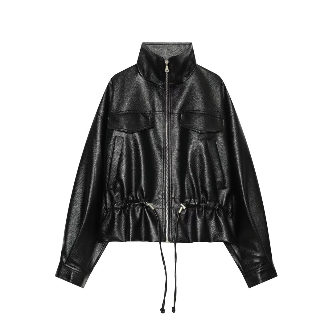 Women's Cropped Faux Leather Blouson with High Stand-up Collar, Flap Pockets and Drawstring