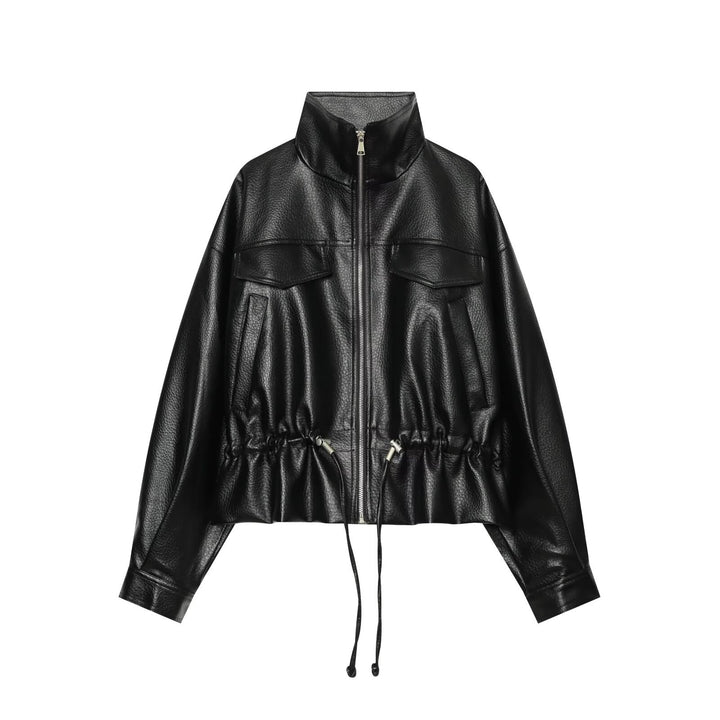 Women's Cropped Faux Leather Blouson with High Stand-up Collar, Flap Pockets and Drawstring