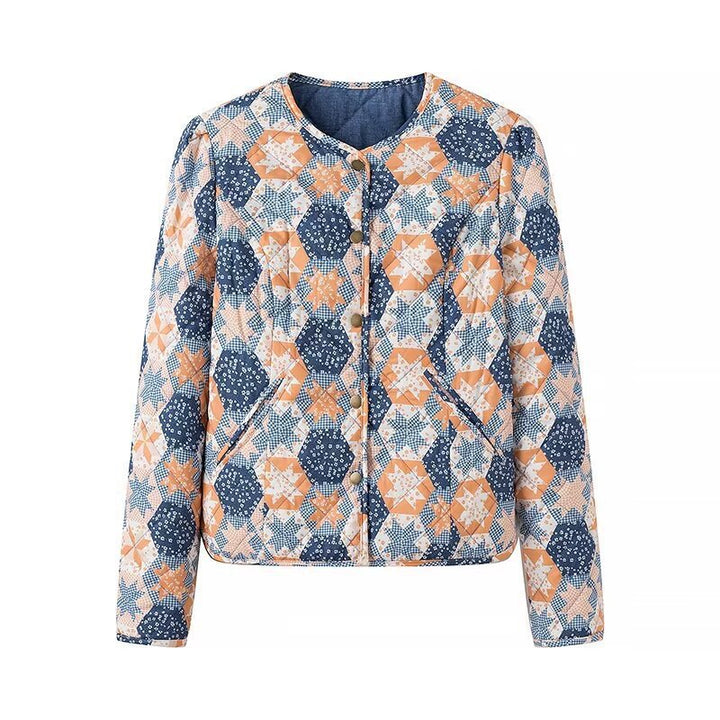 Women's Lightweight Quilted Jacket with Patchwork Floral Pattern and Short Cut Mune Fashion