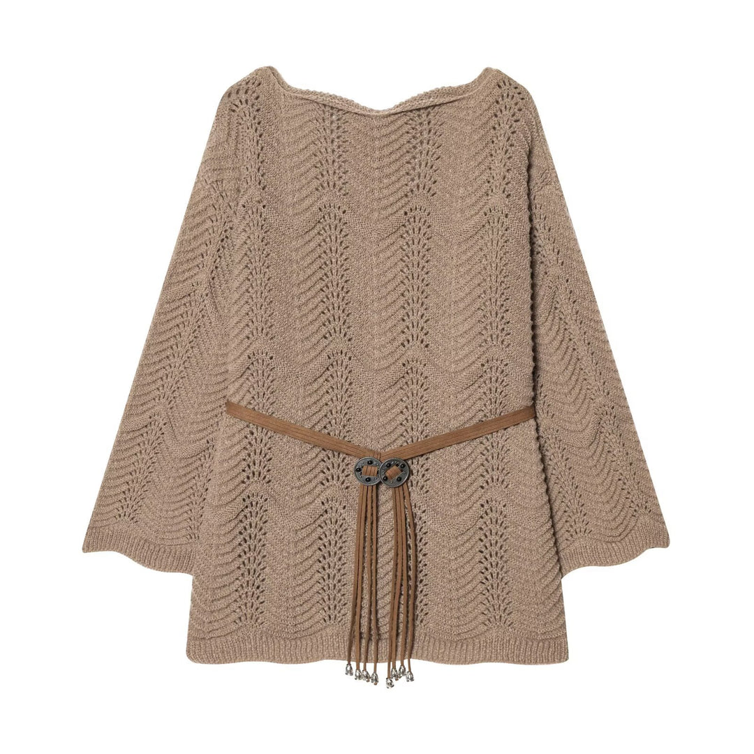 Women's Knit Poncho-Cape with Openwork Pattern and Leather Tassel Belt Mune Fashion
