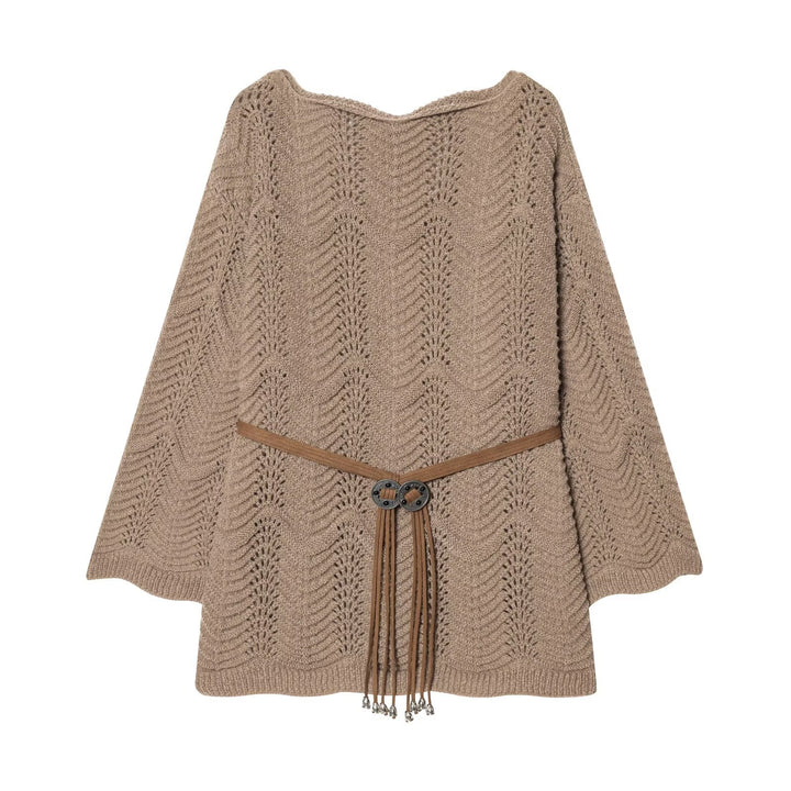 Women's Knit Poncho-Cape with Openwork Pattern and Leather Tassel Belt Mune Fashion