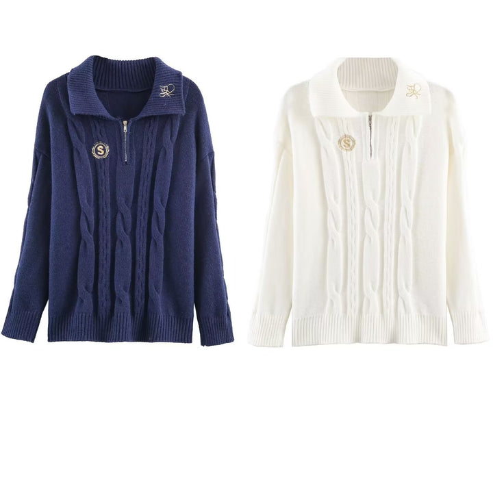 Women's Oversize Cable Knit Pullover with Half Zipper and Shawl Collar Mune Fashion