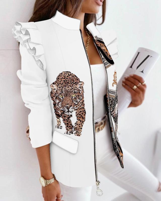 Women's Leo Jacket with Ruffle Sleeves, Stand Collar and Zipper Front Mune Fashion