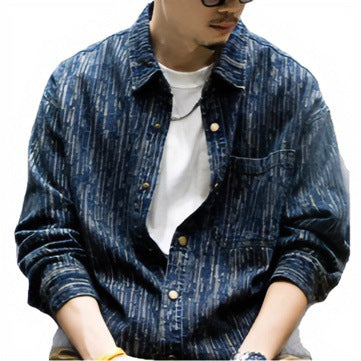 Men's denim overshirt with vertical textured pattern and snap button placket Mune Fashion