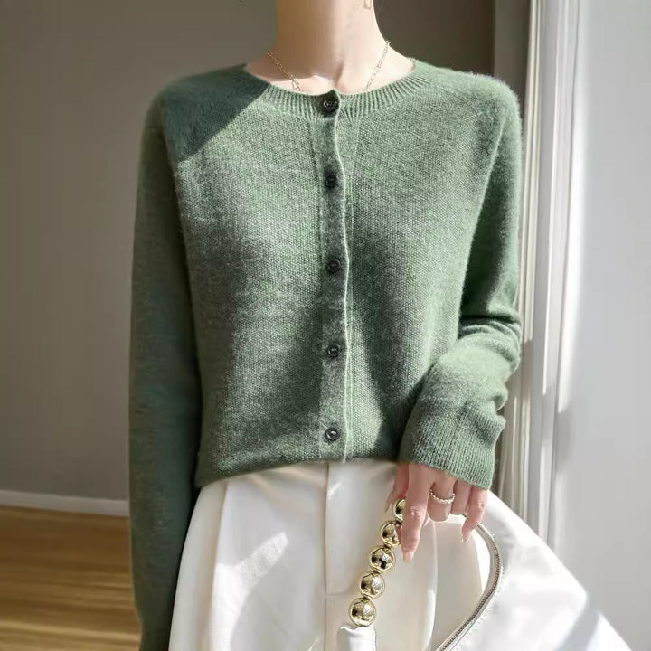Women's Short-Cut Fine Knit Cardigan with Round Neck and Shimmering Button Placket Mune Fashion
