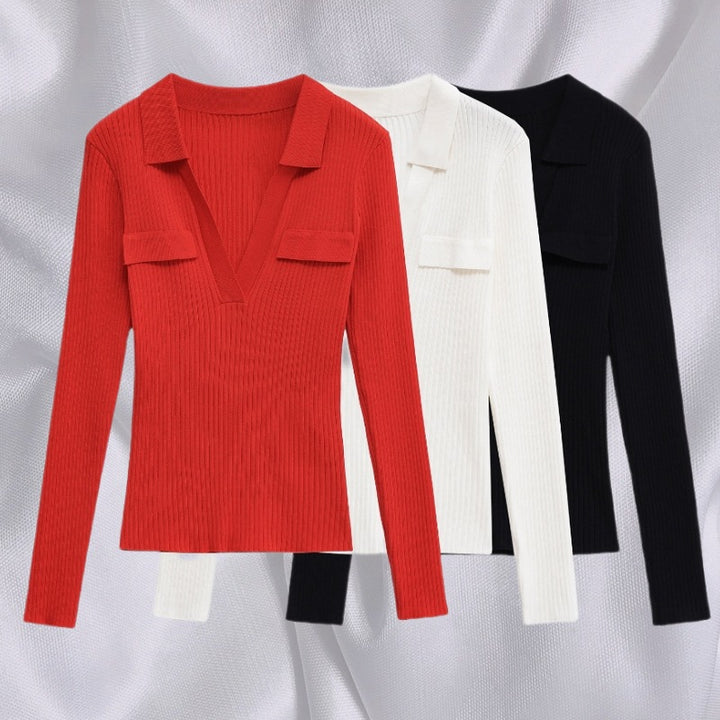 Women Ribbed Fine Knit Polo with Deep V-Neck and Chest Pockets Mune Fashion
