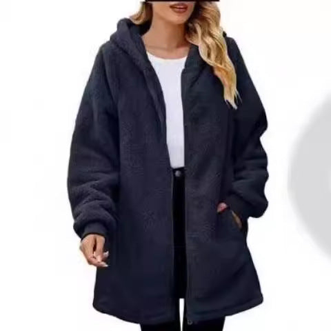 Women's knee-length soft teddy parka with hood, elastic cuffs, and two-way zipper Mune Fashion
