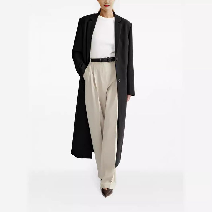 Ladies long cut single-breasted oversized coat with narrow lapels Mune Fashion